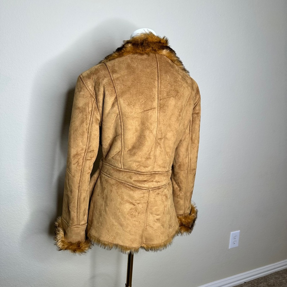 Route 66 Tan Faux Suede Shearling Penny Lane Coat Faux Fur Trim Medium - Picture 3 of 8